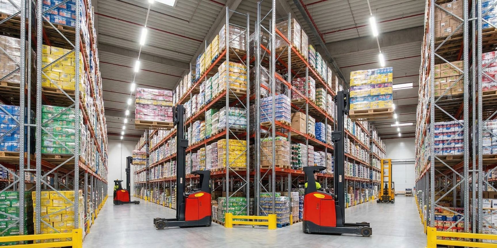 A sprawling shot of a modern wide-aisle warehouse where a red reach truck stores a pallet in a wide aisle. The steel shelves are high and fully loaded. Yellow collision protection is visible on the outriggers.